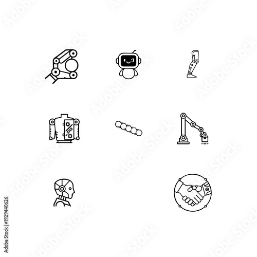 Advanced robotics and humanoid technology linear icon set, social robots, industrial automation and mechanical limbs vector symbols