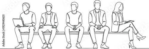 Business professionals sitting on bench, holding laptop tablet book, workplace diversity technology waiting area interview meeting corporate vector illustration drawing
