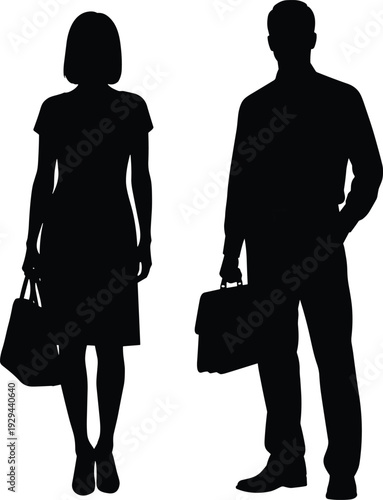 Business man and woman silhouettes vector, professional office people with bags isolated