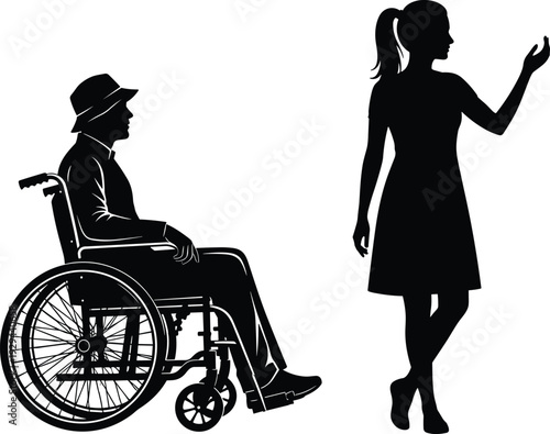 Disabled man in wheelchair and standing woman silhouette, caregiving support concept vector illustration isolated