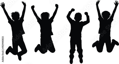 Happy jumping boys silhouettes vector, energetic kids celebrating success isolated on white background