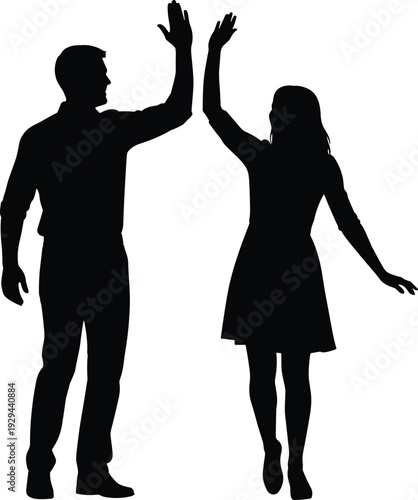 Man and woman giving high five silhouette, teamwork success celebration concept vector illustration isolated