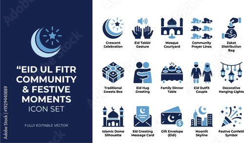 Eid ul fitr community and festive moments icon set featuring crescent celebration eid takbir gesture mosque courtyard community prayer lines zakat distribution bag and islamic symbols