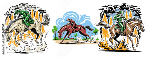 Cowboy riding horse vintage artwork. Western adventure illustration. Wild West rodeo club design. Horseback riding sport art. Great American West grap