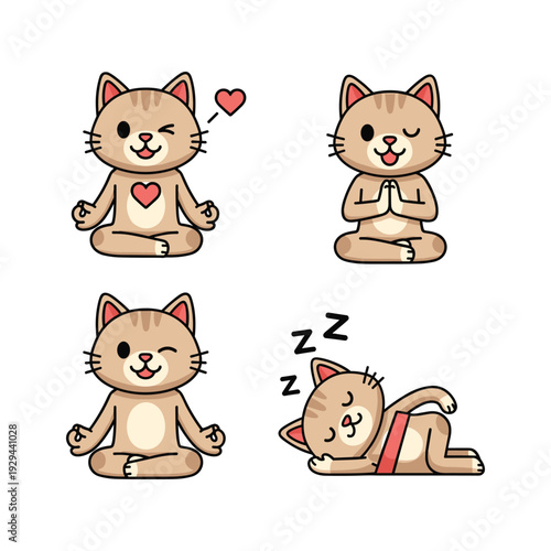 Cute cartoon cat meditating and sleeping with heart symbol and copy space