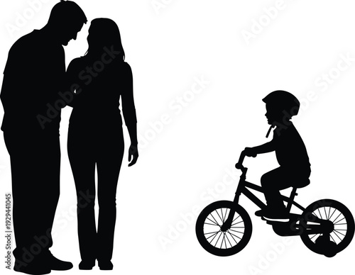 Parents watching child riding bicycle silhouette, family parenting moment vector illustration isolated on white