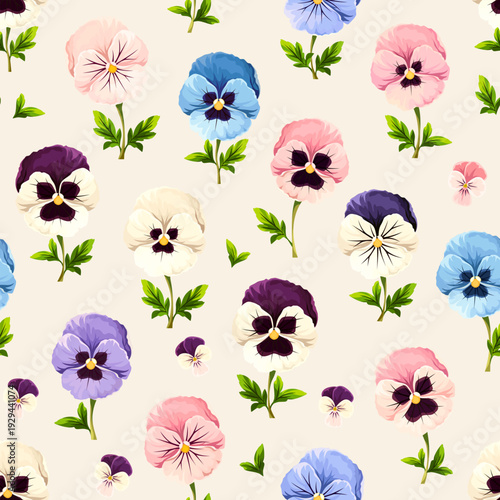 Seamless floral pattern with pink, blue, purple, and white pansy flowers on a yellow background. Vector floral print