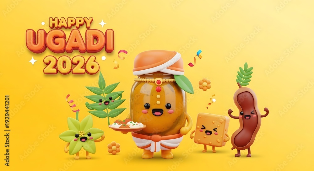 Fototapeta premium Happy ugadi 2026 celebration with cute cartoon food characters