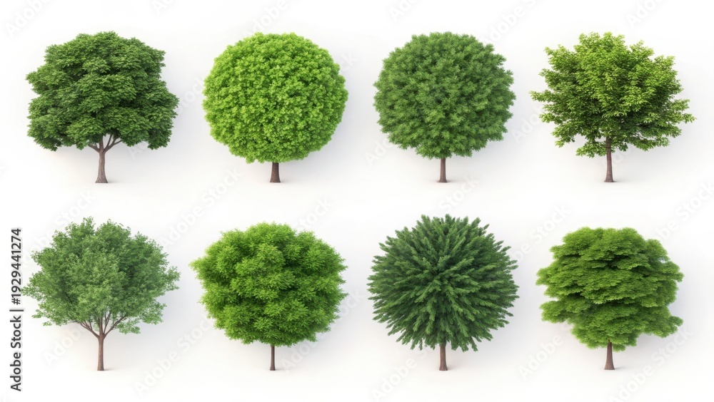 Fototapeta premium Eight distinct types of stylized digital trees with lush green foliage.