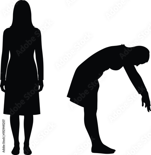 Woman standing and bending silhouettes vector set, female body posture isolated