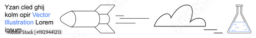 Innovation, technology, science experiments, research, education, creativity. A rocket launching with a cloud trail toward a lab flask. s innovation and scientific experiments