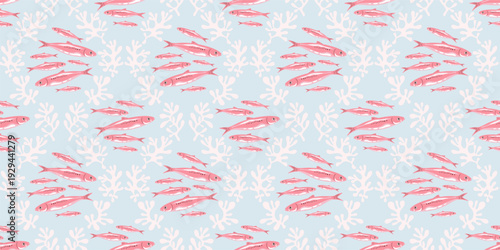 Seamless pattern with pink sardines fish and lattice design coral reef. School of swimming fishes on pastel blue color background. Marine style underwater repeating wallpaper or textile