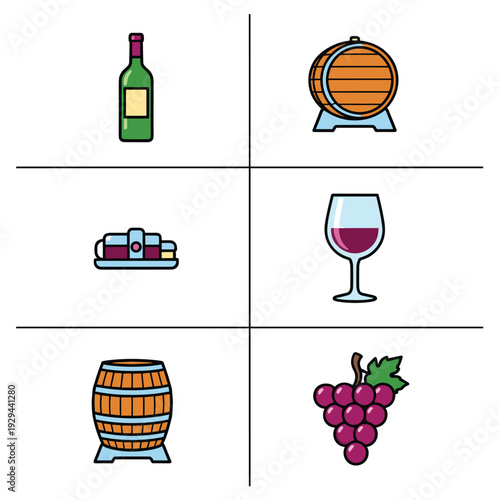 Wine and Vineyard Elements - Bottle, Barrel, Cheese, Glass, and Grapes.
