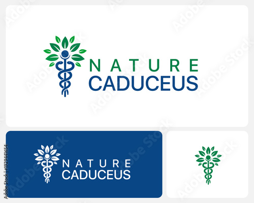 Nature Caduceus Medical Logo for Holistic Health, Herbal Medicine and Wellness Branding