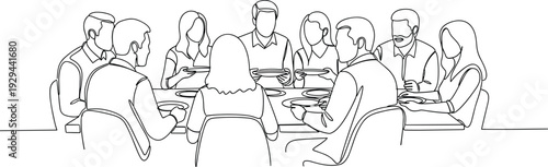 Group of people sitting together at dining table, sharing meal plates food gathering social interaction community lunch dinner vector illustration