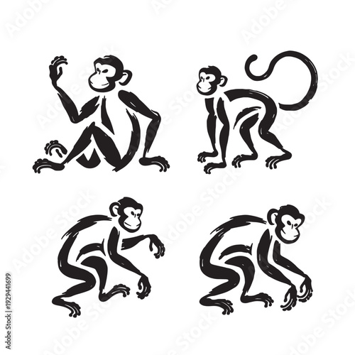 Black monkey silhouette vector illustration of a man and woman with a heart, running with a dog and cat in a playful sports style drawing