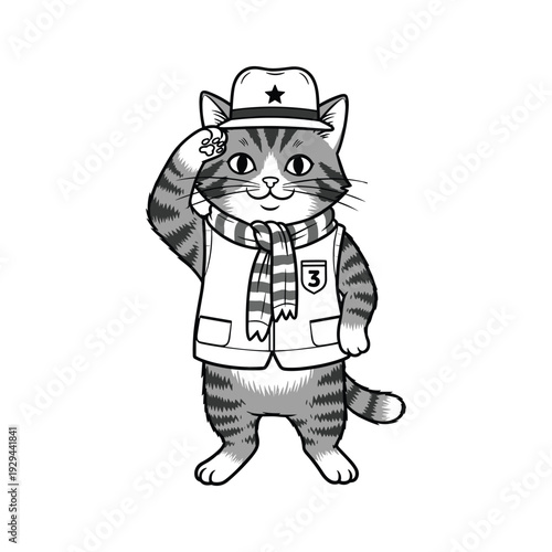 Cartoon cat wearing cowboy hat and scarf standing confidently with copy space