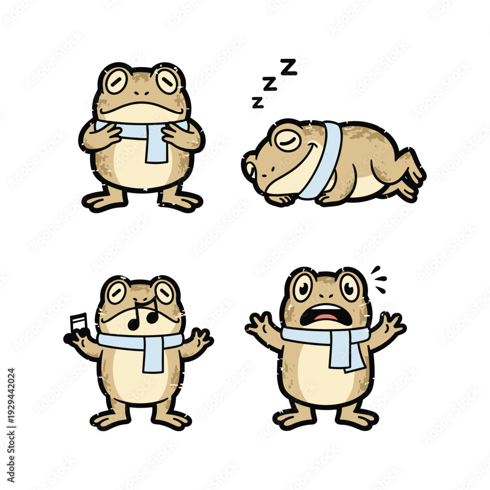 Fototapeta premium Cartoon frog experiencing stress and relief with a mobile phone in a simple illustration style