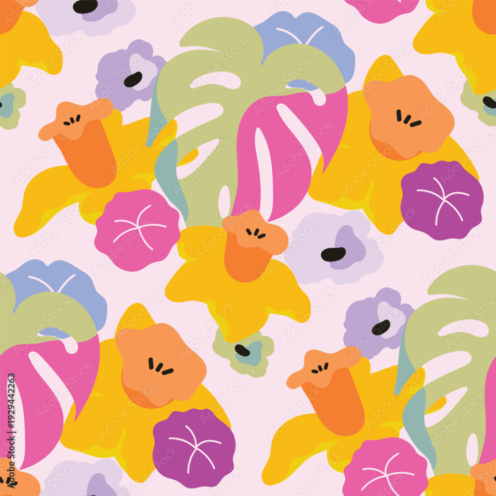 Naklejka premium Spring summer tropical floral seamless pattern vector with hibiscus flowers and monstera leaves in orange, purple, and green. Bold repeat design for fabric and wallpaper.