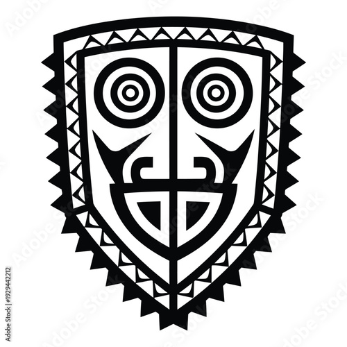 Tribal mask with geometric patterns on white background