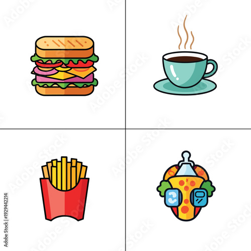 Set of four delicious fast food icons including a sandwich fries coffee and burger.