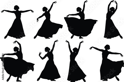 Elegant female dancer silhouettes in flowing long dresses performing classical ballet and graceful expressive modern dance poses isolated on white background for vector design.