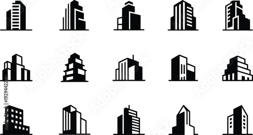 Modern city building silhouette icons architecture skyscraper office tower vector urban construction real estate design collection set