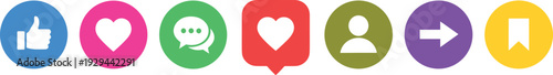 Colorful Social Media Interface Icon Set Featuring Flat Design Symbols for Likes Hearts Comments Shares and Bookmarks in Vibrant Circular Buttons