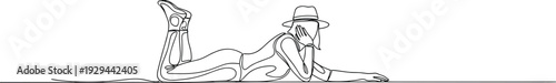 Minimalist continuous line art drawing of person lying relaxed with hat, bent legs upward, modern fashion illustration concept – flavector