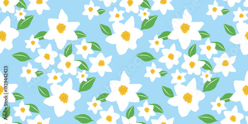 Spring summer jasmine blossom seamless pattern vector with white flowers on sky blue background. Fresh repeat design for fabric, wallpaper, wrapping paper, and stationery.
