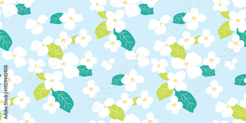 Spring summer apple blossom seamless pattern vector with white flowers and green leaves on light background. Gentle repeat design for fabric, wallpaper, and wrapping paper.