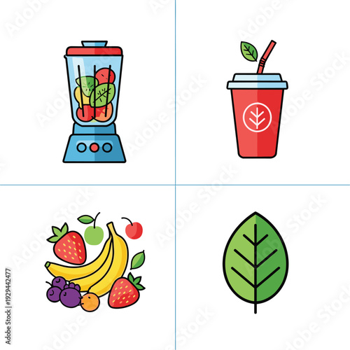 Illustrations of smoothie preparation, a smoothie drink, and smoothie ingredients.