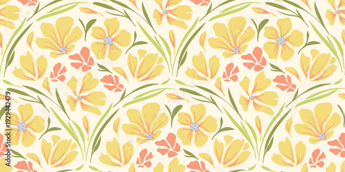 Spring summer botanical floral seamless pattern vector with soft beige background and delicate blossoms. Minimal repeat design for fabric, wallpaper, wrapping paper, and branding.