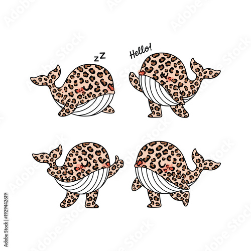Cute cartoon dinosaurs in leopard print sleeping and waking up with hello text on white background