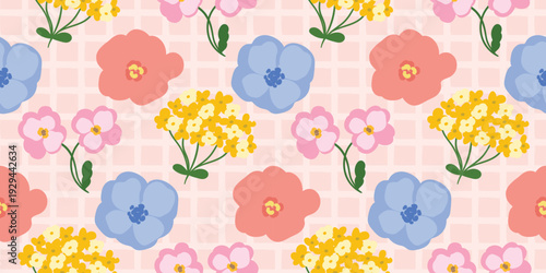 Spring summer floral seamless pattern vector with poppy flowers and mimosa on soft pink grid background. Cute repeat design for fabric, wallpaper, and stationery.