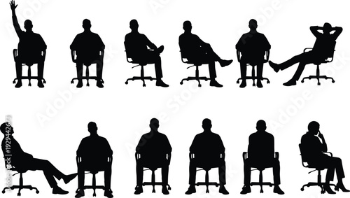 Professional set of black silhouettes featuring various people sitting in office chairs with different poses including relaxed, thoughtful, attentive, and hand-raising gestures.