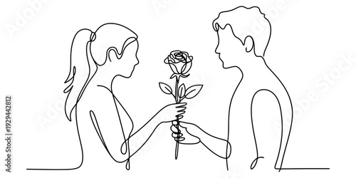Continuous line drawing of a young man giving a beautiful rose to a woman in a romantic gesture. Vector, illustration