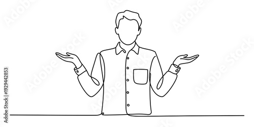Continuous line drawing of a man shrugging his shoulders with palms facing up on white background. Vector, illustration