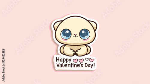 Cute cartoon animal holding a pink sign for Valentine's Day celebration. Cute big-eyed animal delivering Happy Valentine's Day message