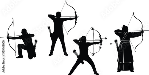 Archery silhouettes set, archers aiming with traditional and compound bows isolated on white background, sports action collection