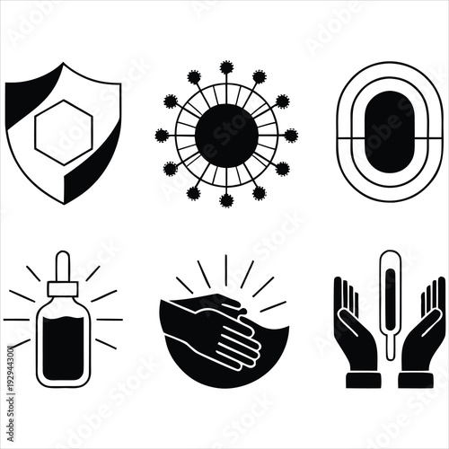 Virus prevention icons: shield, virus, medical facility, vial, handshake, thermometer.