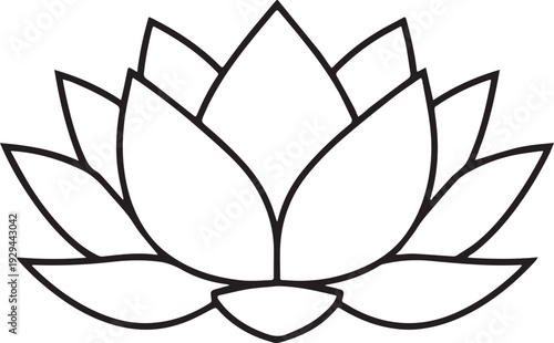 Black and white outline of lotus flower with symmetrical petals illustration symbolizing purity enlightenment and decorative floral design