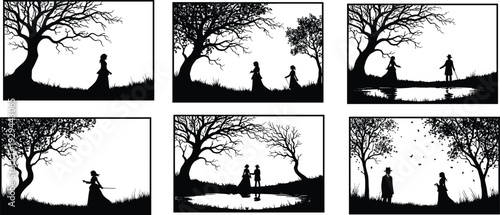 Victorian era silhouette collection featuring elegant people walking in park landscapes with large trees garden scenery and serene water reflection ponds for vintage design.