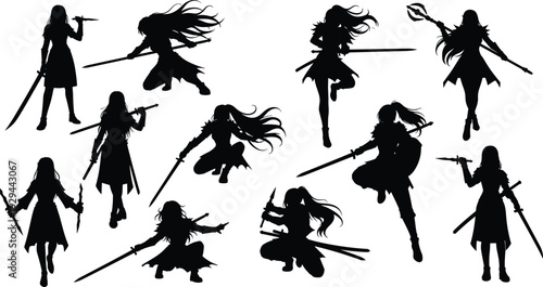 Fantasy female warrior silhouettes collection, anime style sword fighters in dynamic action poses isolated on white background