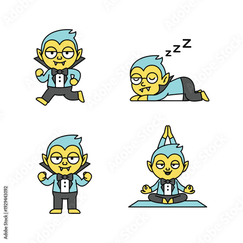 Cartoon character meditating and sleeping with different emotions and expressions