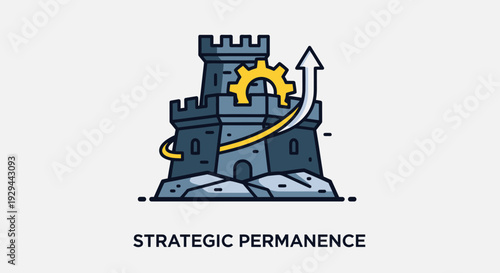 Conceptual illustration of a fortress with gear and arrow symbol