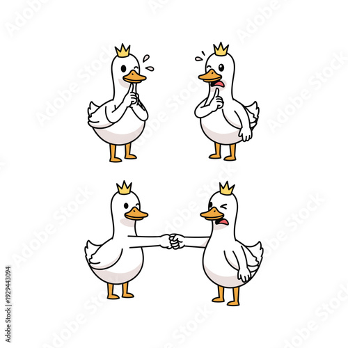 Quarreling cartoon ducks with crowns fighting and arguing in simple flat design