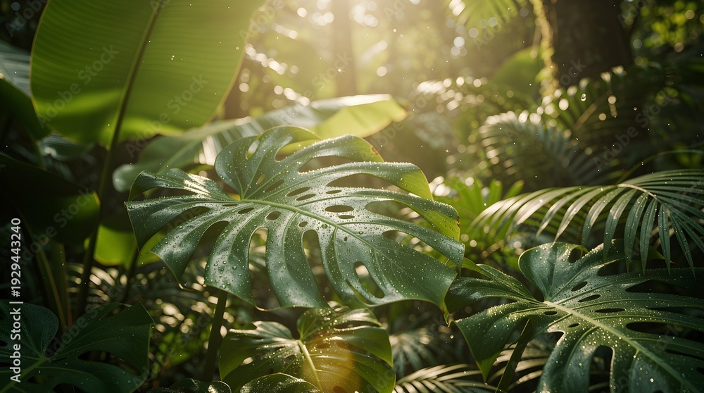 Fototapeta premium Hyper-Realistic Cinematic Close-Up of Lush Tropical Foliage with Monstera and Banana Leaves