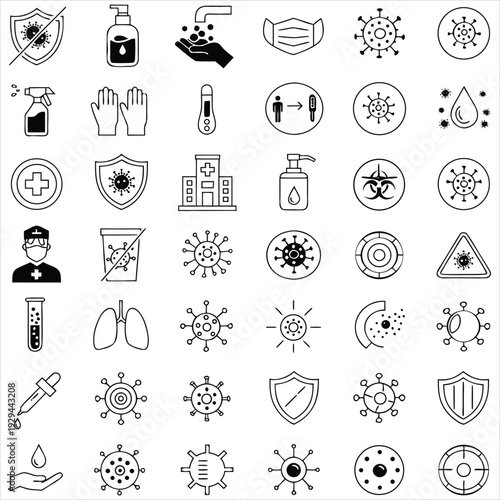 Comprehensive black and white outline icon set detailing complete virus prevention, hygiene, and health protection measures for public safety.