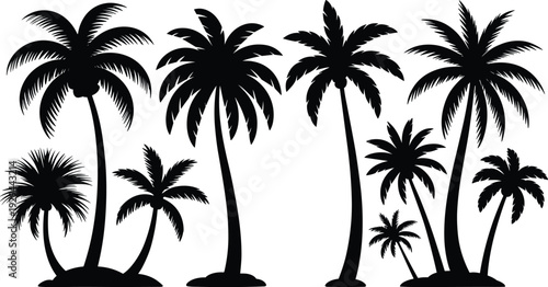 Tropical palm tree island silhouette collection coconut trees vector illustration beach summer nature paradise black design bundle